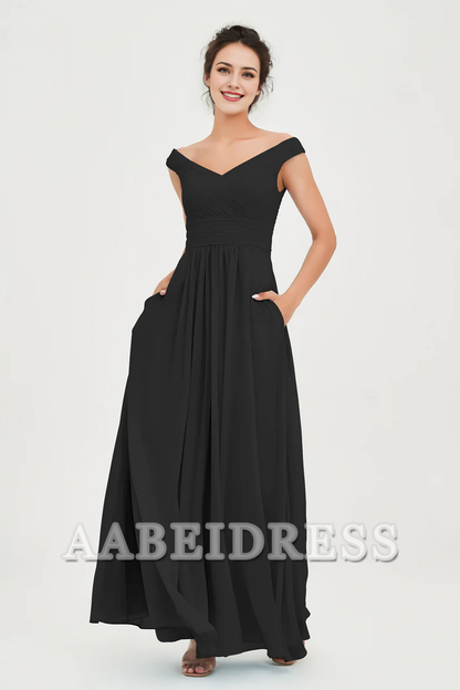 AABEI DRESS Bridesmaid Dresses Chiffon A-Line V-Neck Sleeveless Off-Shoulder Pleated Dresses Wedding Guests Dresses