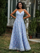 A-Line V-Neck Prom Dress Lace Appliqued Flowers Dress