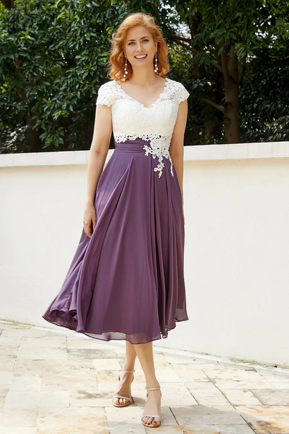 Wedding Guest Dresses V Neck Lace Chiffon Color Blocking Dress Elegant Mother of the Bride Dress