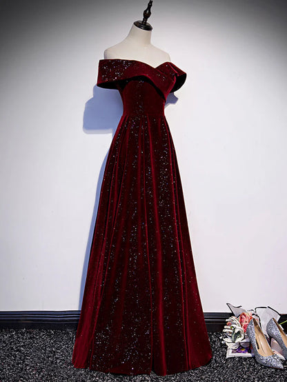 Autumn Winter A-Line Velvet Dress  Off Shoulder Long Evening Dress Elegant Formal Shining Dress