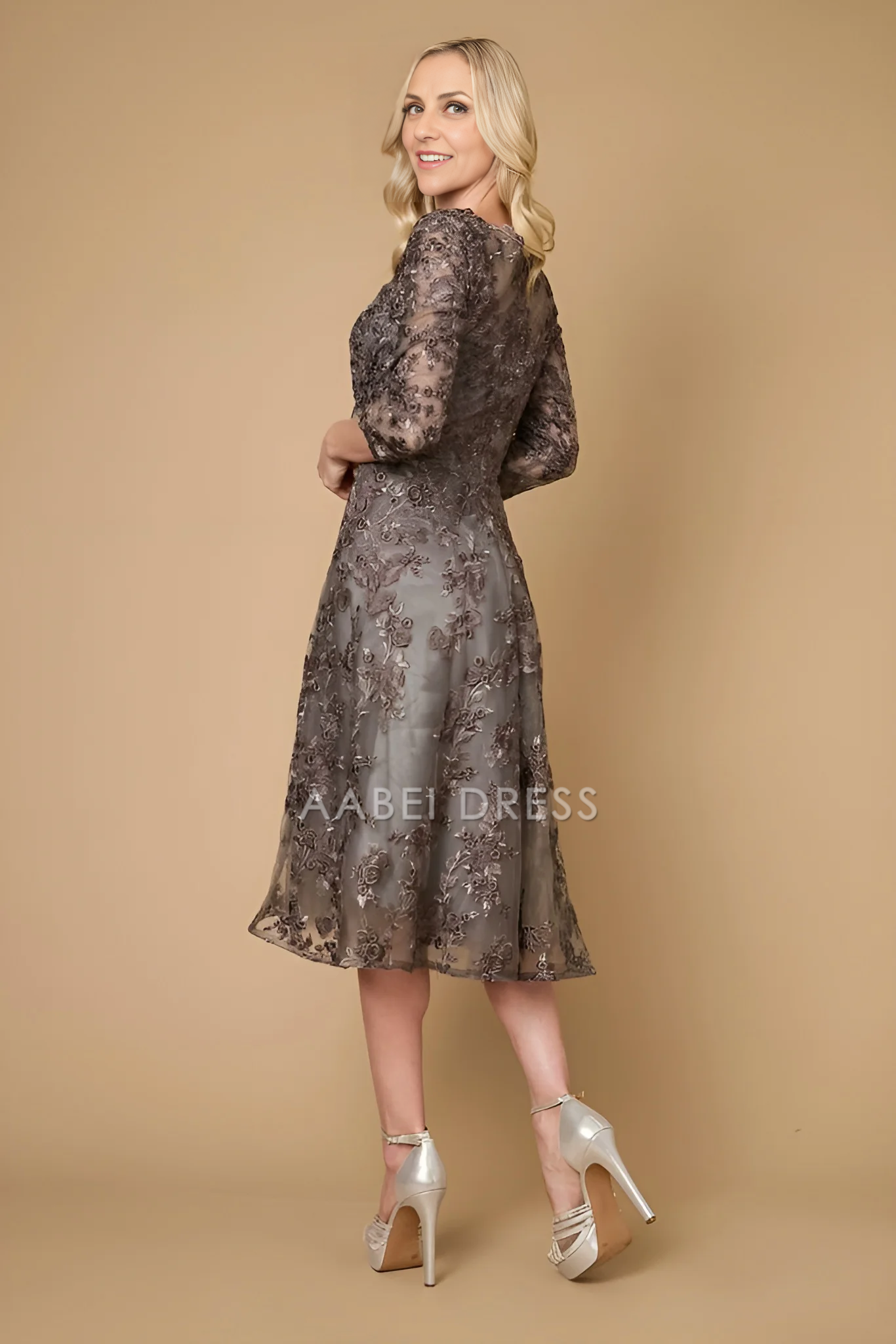 AABEI DRESS Formal Wear Dresse Fashion V Neck 3/4 Sleeve Lace Tea-Length Exquisite Mother Of The Bride Dress
