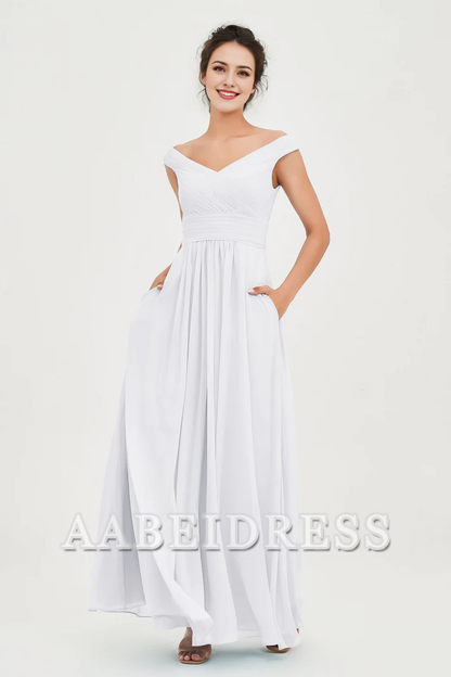 AABEI DRESS Bridesmaid Dresses Chiffon A-Line V-Neck Sleeveless Off-Shoulder Pleated Dresses Wedding Guests Dresses