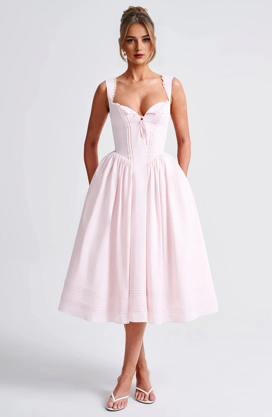 Formal Wear Dresses Bridesmaid Dresses Lace Trim Square Neckline Lace up sweet Midi Dress Wedding Guests Dresses