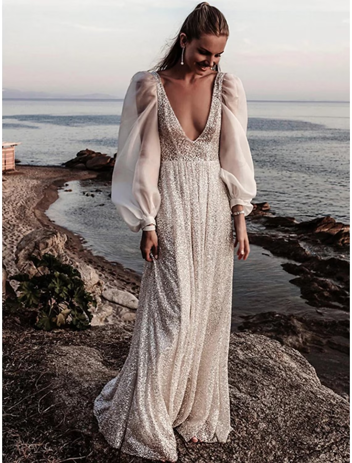 Beach Open Back Boho Wedding Dresses Sweep / Brush Train Sheath / Column Long Sleeve V Neck Sequined With Pleats