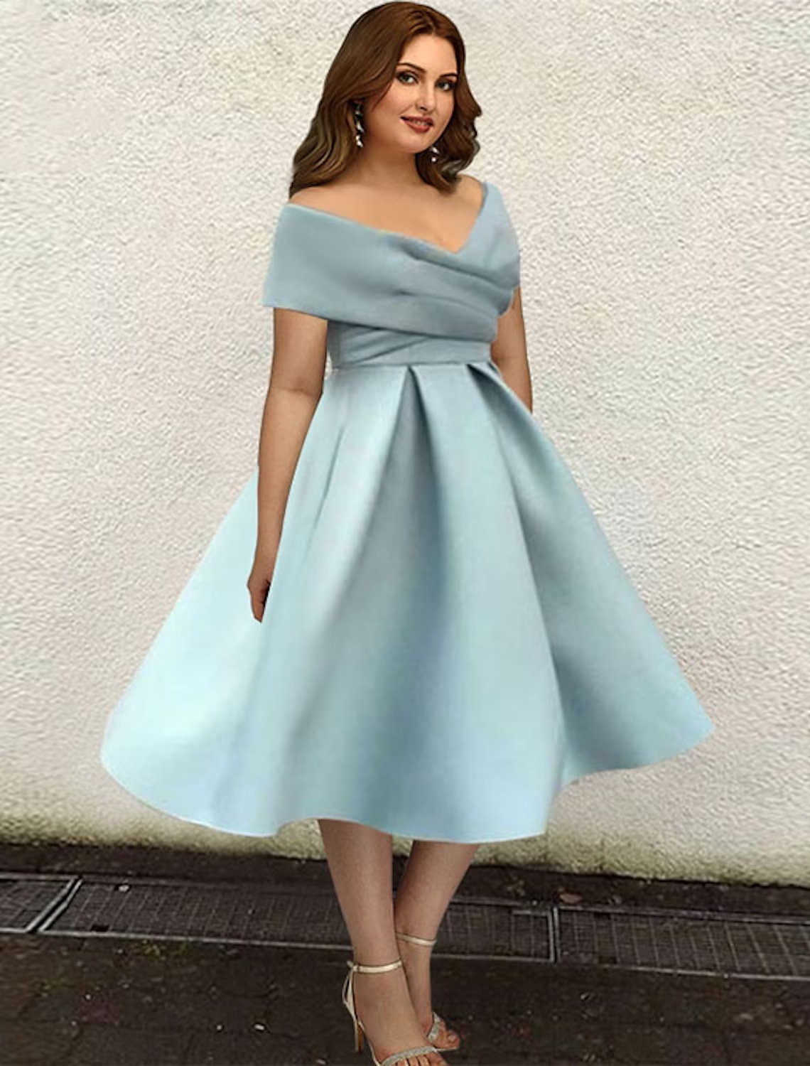 A-Line Cocktail Dresses Plus Size Dress Wedding Guest Tea Length Short Sleeve V Neck Satin with Sleek Pleats Pure Color