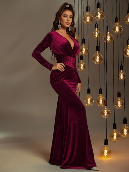 Autumn Winter Velvet Dress Formal Deep V Neck Long sleeves Mermaid Cultivate oneself Elegant Evening dress