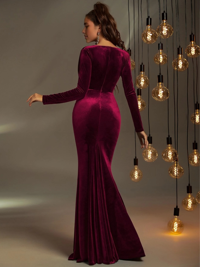 Autumn Winter Velvet Dress Formal Deep V Neck Long sleeves Mermaid Cultivate oneself Elegant Evening dress