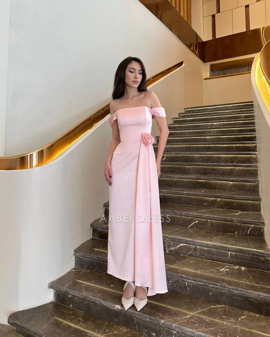 AABEI DRESS Beautiful Off The Shoulder Flower Decoration Exquisite Long Prom Dress