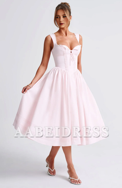 Formal Wear Dresses Bridesmaid Dresses Lace Trim Square Neckline Lace up sweet Midi Dress Wedding Guests Dresses