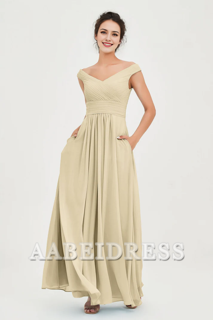 AABEI DRESS Bridesmaid Dresses Chiffon A-Line V-Neck Sleeveless Off-Shoulder Pleated Dresses Wedding Guests Dresses