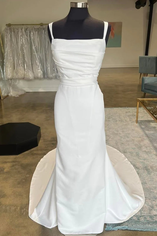 AABEI DRESS Wedding Dress Straight Neck Pleated Bodice Mermaid Long Sweep Train Exquisite Elegant Dress