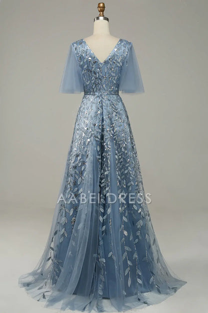AABEI DRESS Hot Sale Prom Dress Exquisite V Neck Flowing Sleeves Tulle Embroidered Leaves Fashion Formal Dress