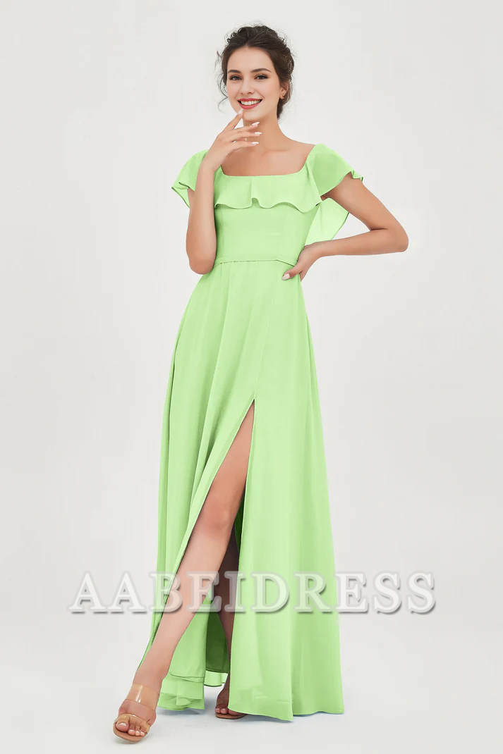 AABEI DRESS Bridesmaid Dresses Chiffon A-Line Square Neckline Flutter Sleeves Ruffle Side Fork Elegant Simple Wedding Guests Dresse