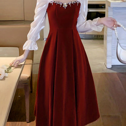 December Wedding Guest Dress Color Block Ruffle Trim Long Sleeves Dress  Bead string Sweet heart Neck Elegant Party Dress