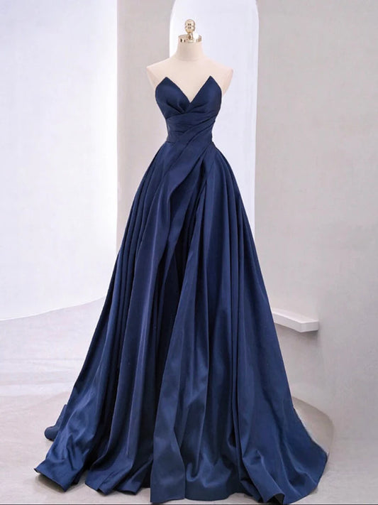 A-Line V Neck Evening Dress Satin Split Fork Strapless Dark Blue Long Formal Elegant Dress