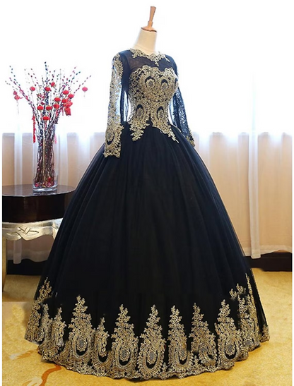 Ball Gown Luxurious Vintage Quinceanera Formal Evening Dress Jewel Neck Long Sleeve Floor Length Lace with Appliques