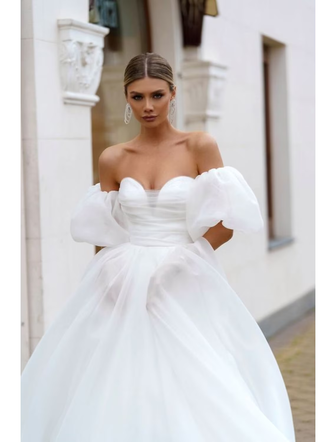 Beach Casual Wedding Dresses Court Train A-Line Short Sleeve Off Shoulder Satin With Solid Color