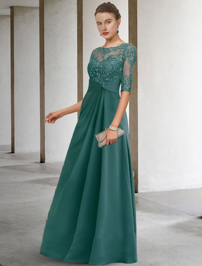 Sheath / Column Mother of the Bride Dress Plus Size Elegant Jewel Neck Floor Length Chiffon Lace Short Sleeve with Appliques Side-Draped