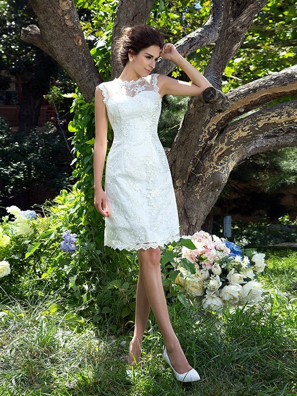 Wedding Dresses Princess Sheer Neck Applique Sleeveless Short Satin