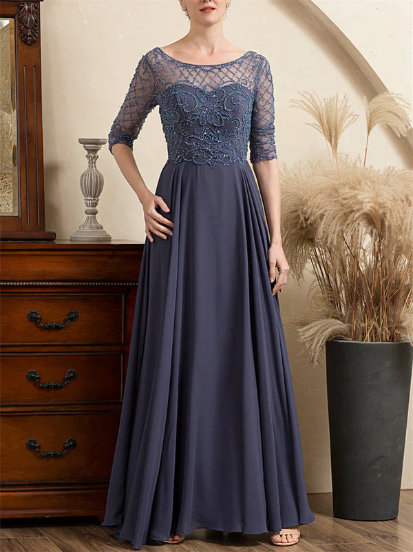 Mother Of The Bride Dresses A-Line Scoop Short Sleeves Floor-Length Beaded Dresses