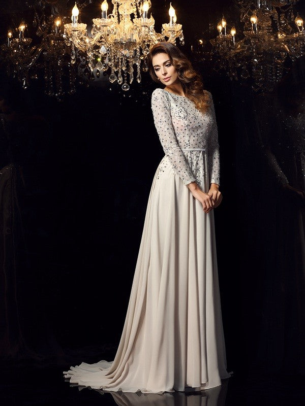 A-Line/Princess Scoop Beading Long Sleeves Long Chiffon Dresses