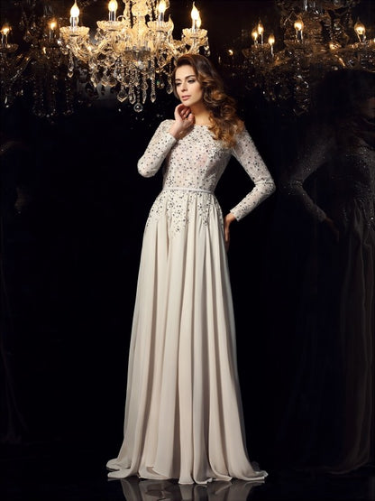 A-Line/Princess Scoop Beading Long Sleeves Long Chiffon Dresses