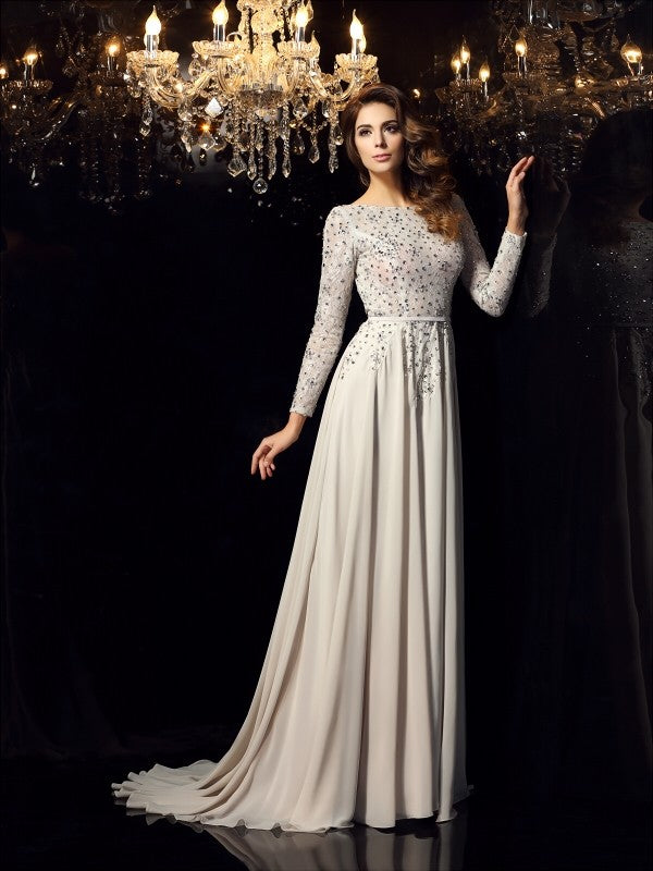 A-Line/Princess Scoop Beading Long Sleeves Long Chiffon Dresses