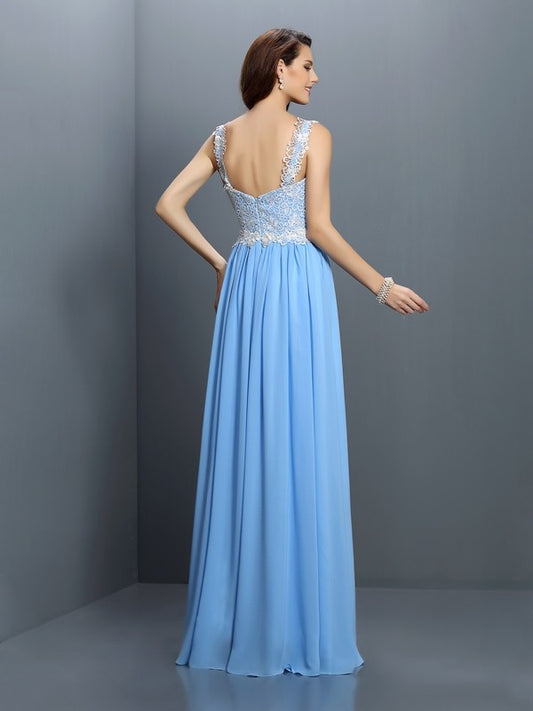 A-Line/Princess V-neck Lace Sleeveless Long Chiffon Bridesmaid Dresses