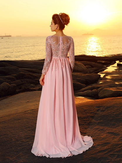 A-Line/Princess Bateau Beading Long Sleeves Long Chiffon Dresses