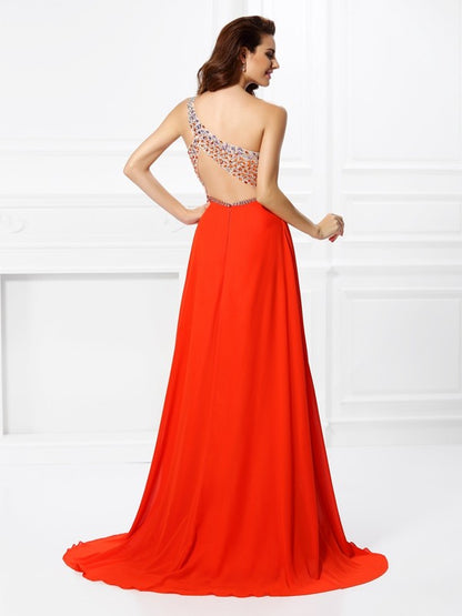 A-Line/Princess One-Shoulder Beading Sleeveless Long Chiffon Dresses