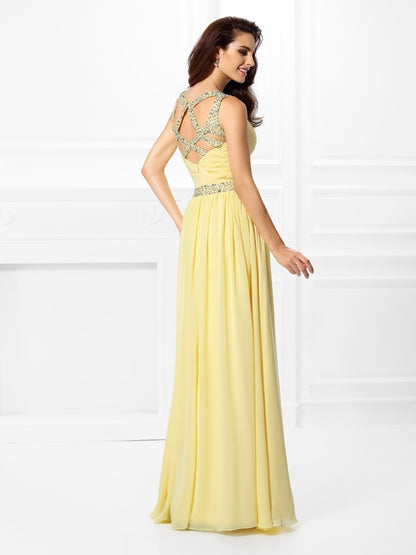 A-Line/Princess Sweetheart Beading Sleeveless Long Chiffon Dresses