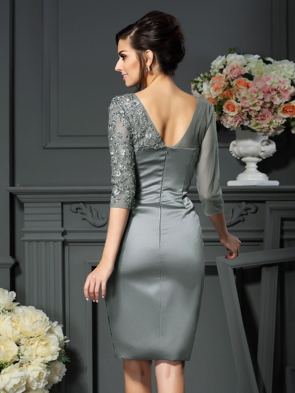 Sheath/Column Scoop Beading 1/2 Sleeves Short Satin Mother of the Bride Dresses