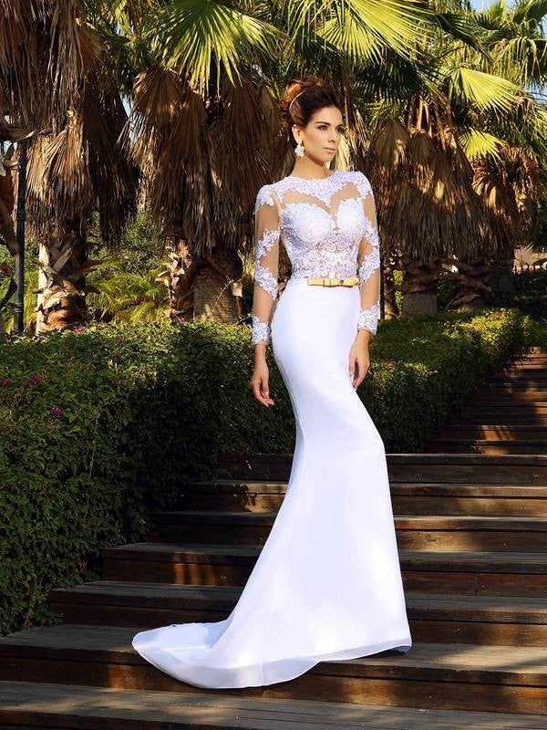 Sheath/Column Scoop Applique Long Sleeves Long Chiffon Wedding Dresses