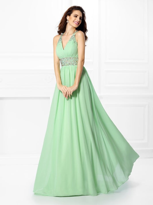 A-Line/Princess V-neck Beading Sleeveless Long Chiffon Dresses