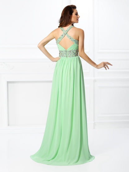 A-Line/Princess V-neck Beading Sleeveless Long Chiffon Dresses