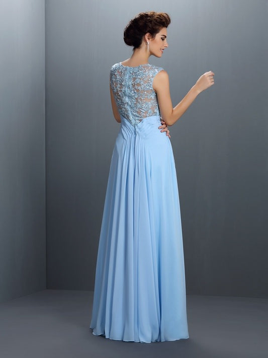 A-Line/Princess Bateau Applique Sleeveless Long Chiffon Dresses