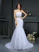 Trumpet/Mermaid Strapless Beading Sleeveless Long Lace Wedding Dresses