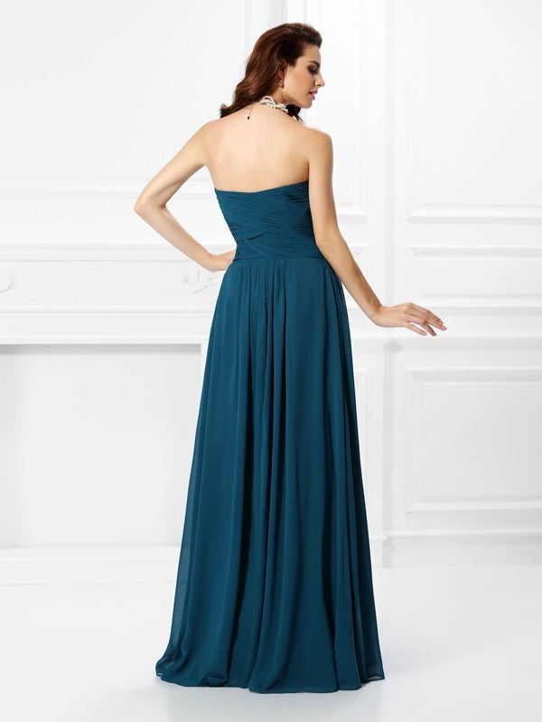 A-Line/Princess Sweetheart Pleats Ruffles Sleeveless Long Chiffon Bridesmaid Dresses