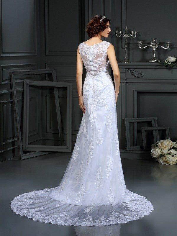 Sheath/Column High Neck Lace Sleeveless Long Lace Wedding Dresses