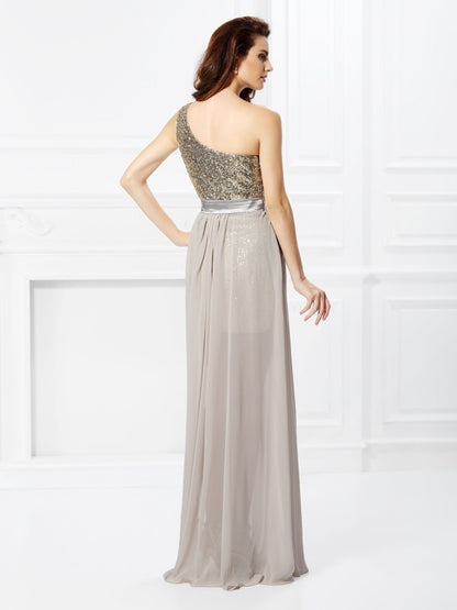 A-Line/Princess One-Shoulder Sequin Sleeveless Long Chiffon Dresses