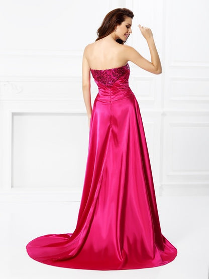 A-Line/Princess Sweetheart Beading Sleeveless High Low  Woven Satin Dresses