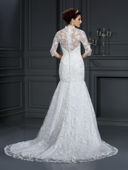 Trumpet/Mermaid V-neck Lace 1/2 Sleeves Long Lace Wedding Dresses