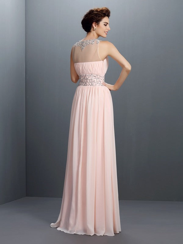 A-Line/Princess V-neck Beading Sleeveless Long Chiffon Dresses