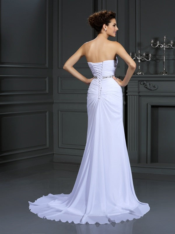 Sheath/Column Sweetheart Beading Sleeveless Long Chiffon Wedding Dresses