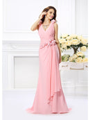 Trumpet/Mermaid V-neck Hand-Made Flower Sleeveless Long Chiffon Bridesmaid Dresses