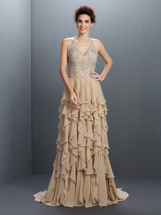 A-Line/Princess V-neck Beading Sleeveless Long Chiffon Dresses