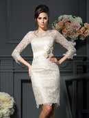 Sheath/Column Scoop Bowknot 3/4 Sleeves Short Lace Mother of the Bride Dresses