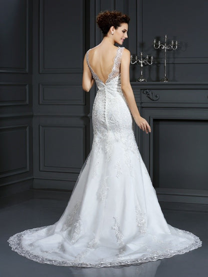 Sheath/Column Bateau Lace Sleeveless Long Satin Wedding Dresses