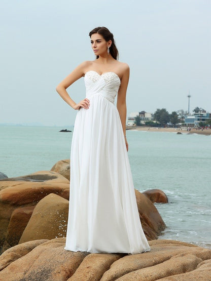 A-Line/Princess Sweetheart Beading Sleeveless Long Chiffon Beach Wedding Dresses