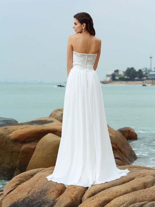 A-Line/Princess Sweetheart Beading Sleeveless Long Chiffon Beach Wedding Dresses